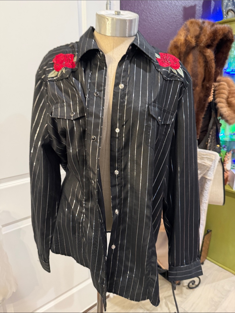 Roper Black Pinstripe Shirt Jacket with Red Rose Embroidery